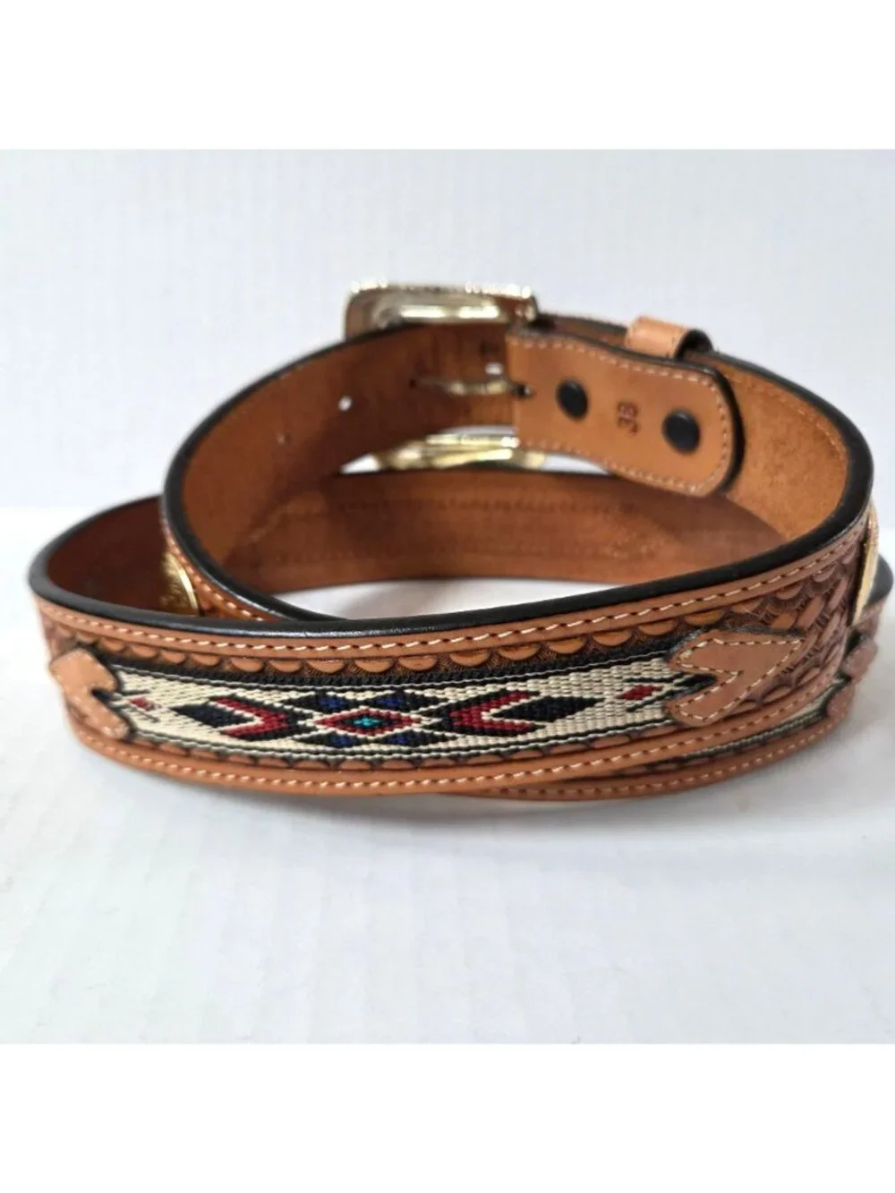 Nocona Belt Mens 38 Brown Tooled Leather Embroidered Inlay Western Cowboy Rodeo